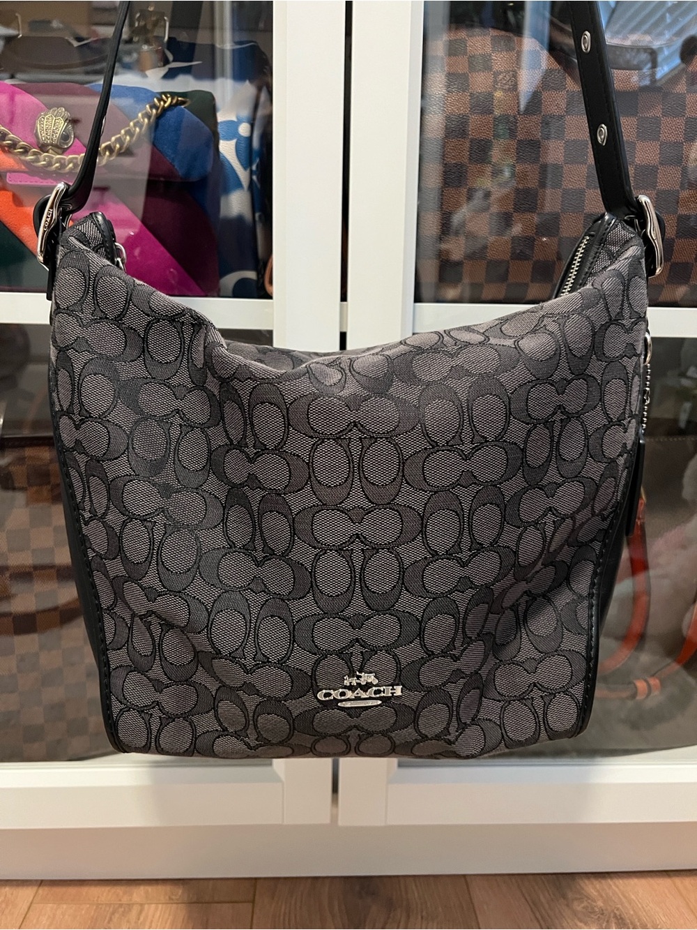 Coach Black/Smoke Signature Canvas Hobo Bag